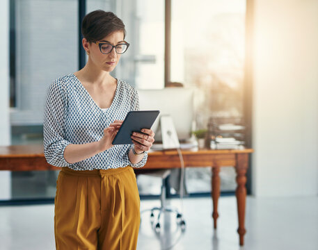 Office, businesswoman and research with tablet for digital agency, scrolling and website information. Workplace, manager and planning with technology for online page, content creation and blog post