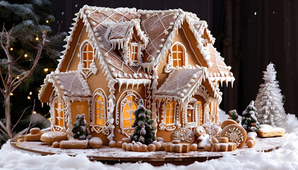 Beautiful gingerbread house decorated with icing on snow