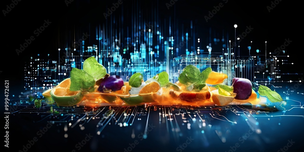 Poster a colorful image of a plate of fruit and vegetables with a blue background
