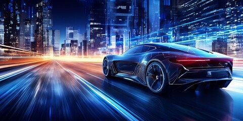 Fototapeta premium A futuristic car is driving down a road in a city