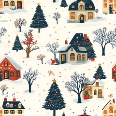 Fototapeta premium Cozy Christmas Town Scenes with Decorated Houses Carolers and Snow Covered Streets in Minimal