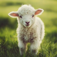 Obraz premium A sheep in a grassy field with sharp grass in the foreground and a slightly blurred background