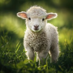 Obraz premium A sheep in a lush green meadow surrounded by tall trees in the backdrop
