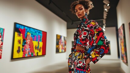 Fashion Forward: Model in Graphic Print Outfit at Vibrant Art Gallery