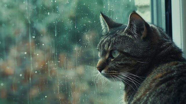 Tabby cat in close up staring out the window