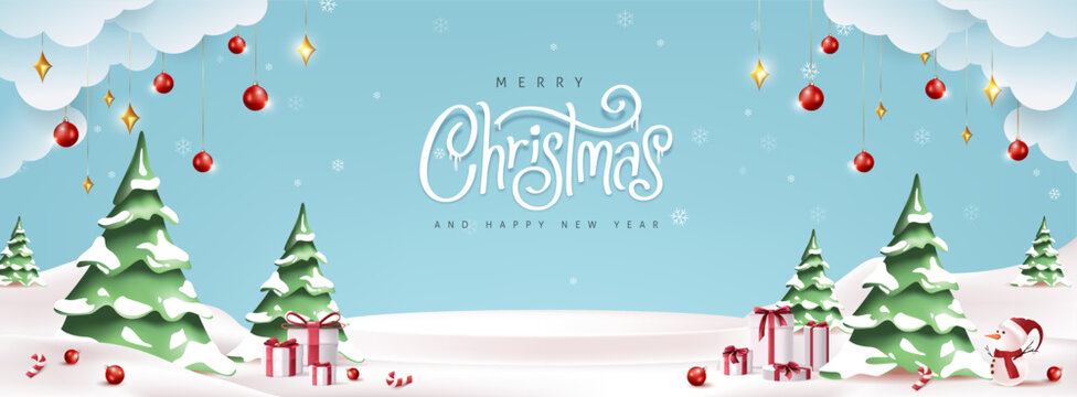 Merry christmas and happy new year greeting card with snow product display cylindrical shape copy-space and Cute snowman standing in winter christmas landscape snow falling