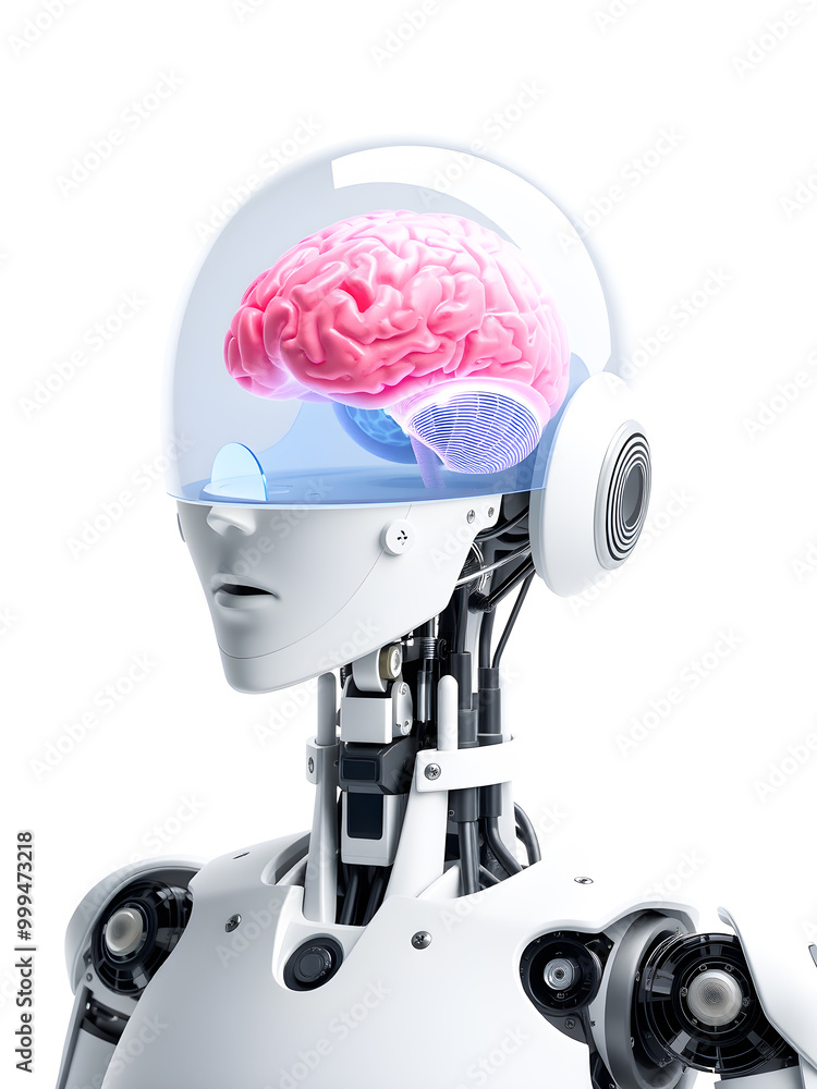 Poster artificial intelligence robot working with human brain on white background