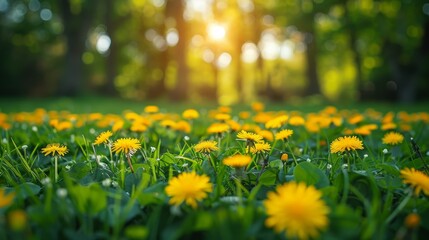 Fototapeta premium Beautiful spring natural background. Landscape with young lush green grass with blooming dandelions against the background of trees in the garden 