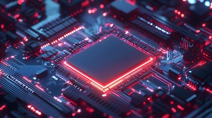 Obraz premium Microprocessor chipset central processor unit on the illumination circuit computer mainboard. Cyber and futuristic concept, hardware, AI, electronics and technology, with copy space.