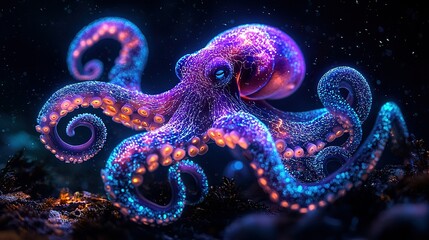   A vibrant octopus with starry shell, blue collar, in the deep sea's gloom
