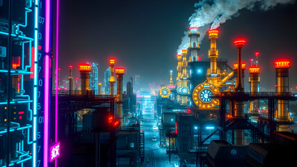 Industrial landscape with factory chimneys and glowing neon signboards.
