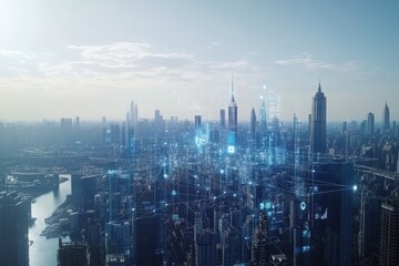 Fototapeta premium High Altitude View of Smart City with Digital Elements