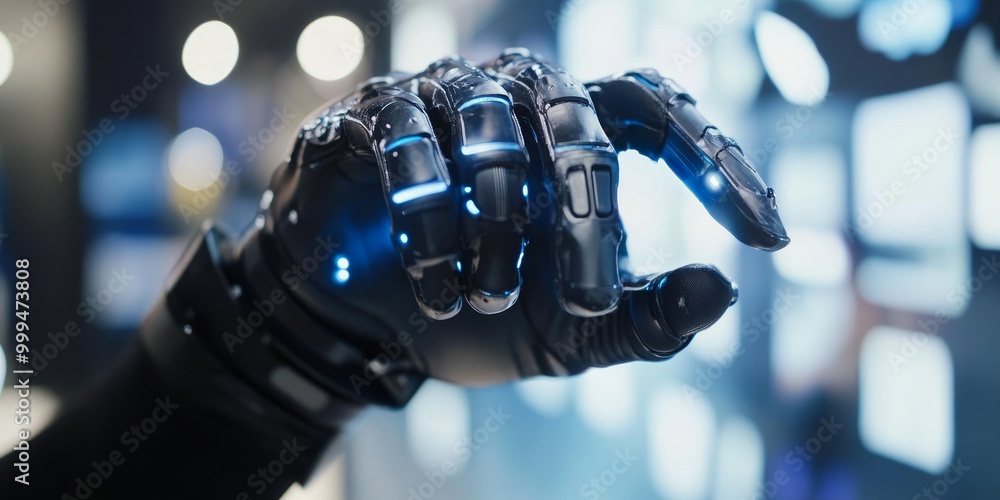 Poster macro shot of a vr glove with haptic feedback, where the user feels textures and resistance within t