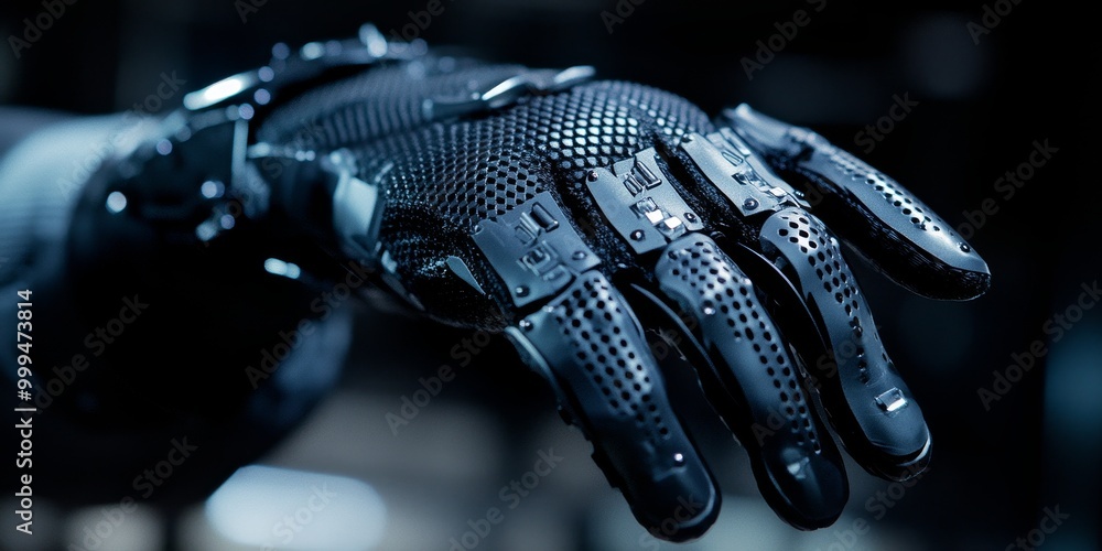 Poster macro shot of a vr glove with haptic feedback, where the user feels textures and resistance within t