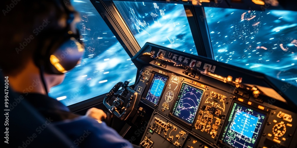 Aufkleber a VR flight training cockpit, with controls and indicators lit up as the user is fully immersed in piloting a virtual aircraft.