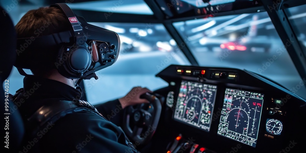Leinwandbilder a vr flight training cockpit, with controls and indicators lit up as the user is fully immersed in p