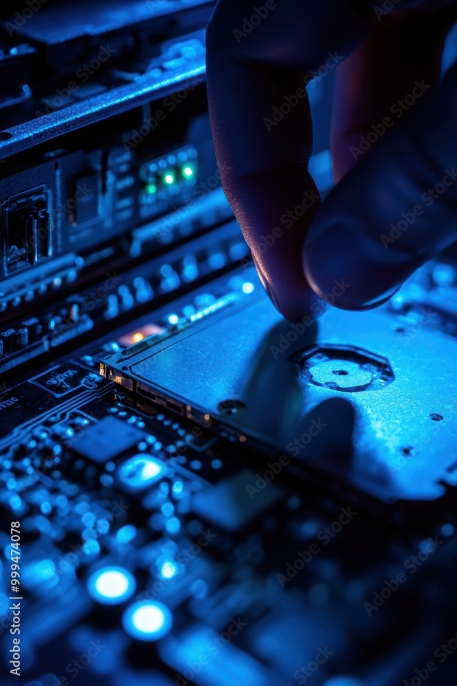 Poster close-up of hand inserting component into circuit board