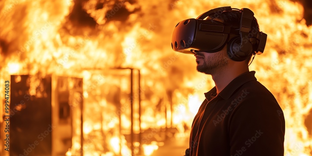 Leinwandbilder a VR disaster simulation, realistic fire and smoke effects visible as the user practices emergency response in a controlled virtual environment.