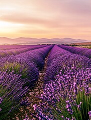 Naklejka premium A picturesque view of a lavender field at sunrise with rows of purple flowers stretching towards the horizon.