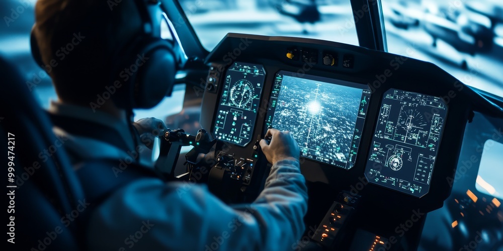 Aufkleber Macro shot of a virtual reality flight simulator interface, with detailed cockpit controls and realistic sky views as the user masters piloting skills.