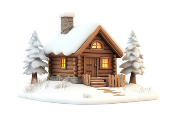 Naklejka premium Charming wooden cabin surrounded by snow-covered trees, bright windows glowing in a winter landscape.