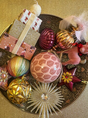 colorful Christmas ornament collection on decorative background