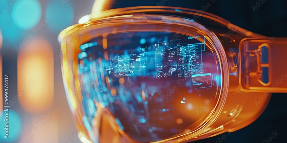 Aufkleber Macro shot of a VR headset displaying augmented content, with holographic elements visible as the user engages in a mixed reality experience.