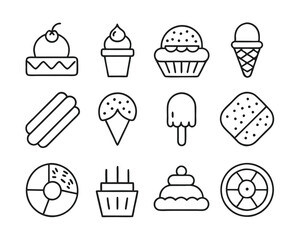 Set of line art vector icons for desserts and baked goods in clean, minimal design style.
Modern line art vector icons of desserts and baked goods for UI, menus, and food illustrations.