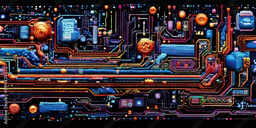 Poster A colorful computer circuit board with many different colored squares