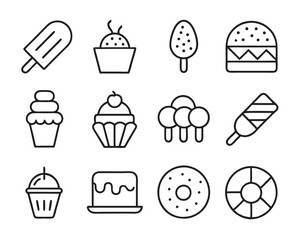 Set of line art vector icons for desserts and baked goods in clean, minimal design style.
Modern line art vector icons of desserts and baked goods for UI, menus, and food illustrations.