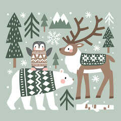 Winter illustration with cute polar animals. Polar bear, reindeer and penguin. Hand drawn Nordic forest illustration. Perfect for tee shirt logo, greeting card, poster or nursery print design.
