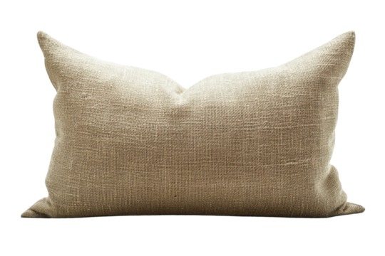 Elegant beige throw pillow on white isolated background.