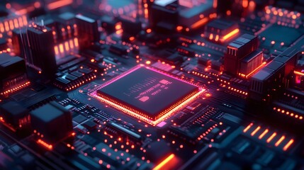 Obraz premium Microprocessor chipset central processor unit on the illumination circuit computer mainboard. Cyber and futuristic concept, hardware, AI, electronics and technology, with copy space.
