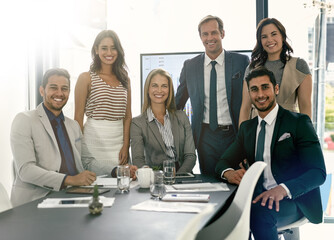 Smile, team and portrait of business people in office with confidence, collaboration and support. Professional, diversity and group of corporate lawyers with legal case, planning and discussion