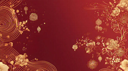 A red background with golden gradient wave lines as decoration on the right side