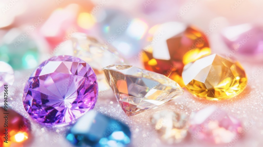 Poster a collection of colorful diamonds arranged in an artistic display, reflecting light and creating a d