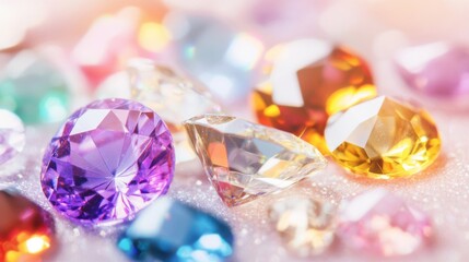 A collection of colorful diamonds arranged in an artistic display, reflecting light and creating a dazzling effect on a soft background