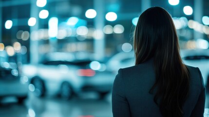 A refined woman admires sleek luxury cars in a well-lit showroom, illuminated by soft night lights