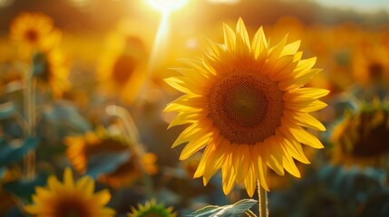 Fototapeta premium Blooming sunflower brightly lit by the morning sun. Close-up. Sunflower field 