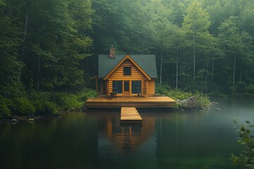 Obraz premium A wooden cabin on a lake in the woods with a wooden dock.