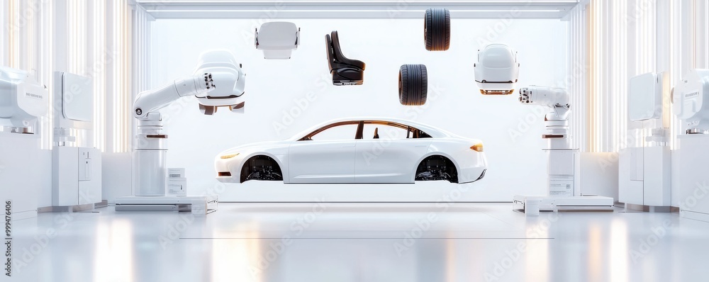 Poster futuristic car assembly process featuring robotic arms and floating vehicle components in a clean, m