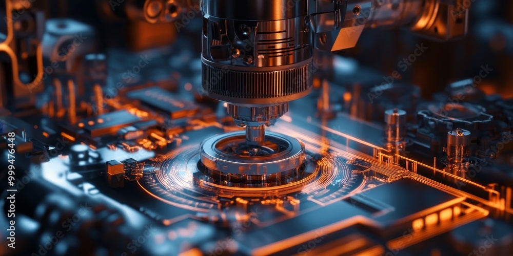 Poster a 3d model of an innovative device being developed, with precise details and future applications dis