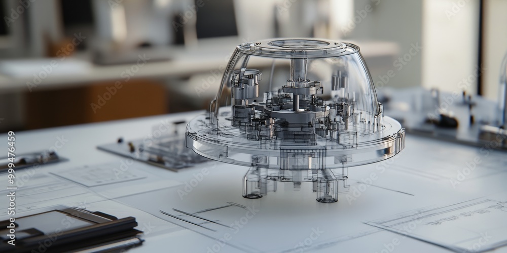 Poster a 3D model of an innovative device being developed, with precise details and future applications discussed.