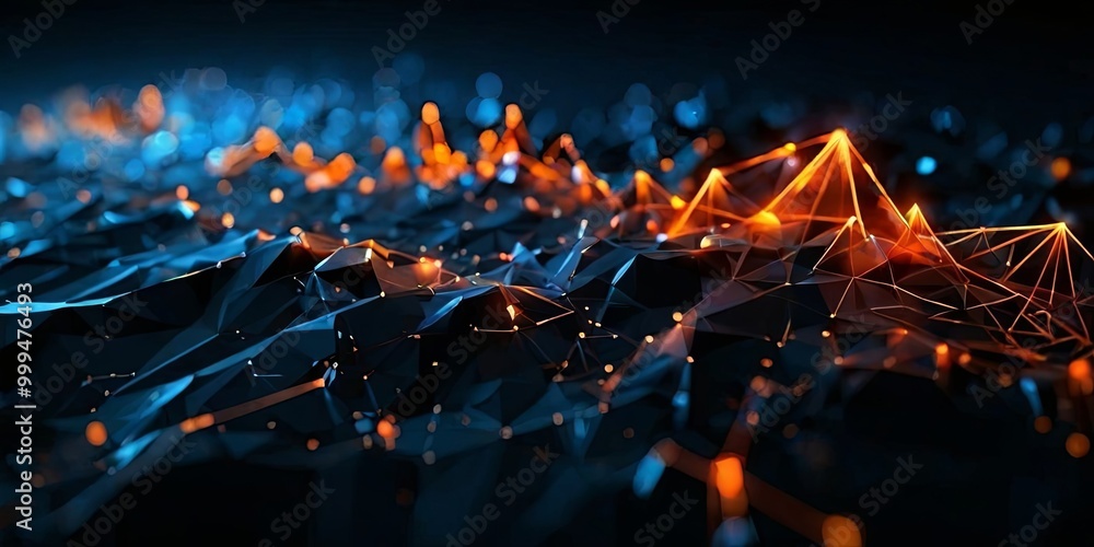 Poster A computer generated image of a mountain range with orange and blue lines