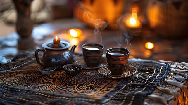 A traditional Ethiopian coffee ceremony setup, with a small jebena (coffee pot) and cups arranged on a woven mat. The scene is set in a warm, dimly lit room with the aroma of freshly roasted 