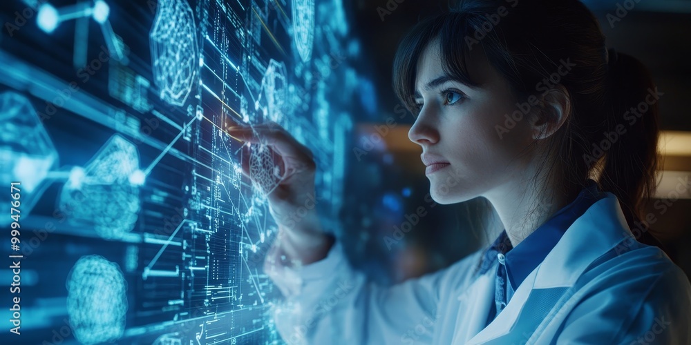 Poster a researcher testing a novel concept in the lab, with digital data collection and real-time results 