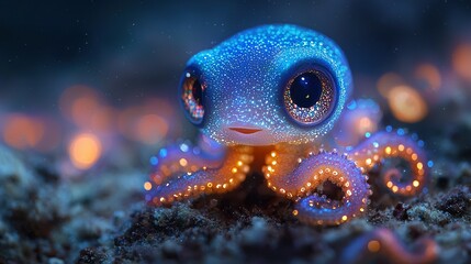   A close-up of a blue octopus with light shining on its head and body