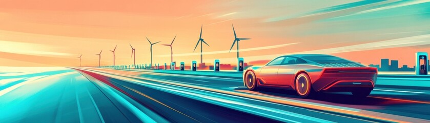 Obraz premium Futuristic electric car driving on a vibrant highway with wind turbines, showcasing innovation and eco-friendly travel.