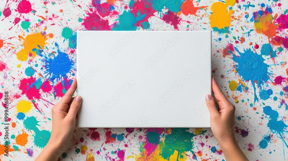 Poster Hands holding a blank canvas on a colorful splatter-painted background, perfect for creative projects and artistic expression.