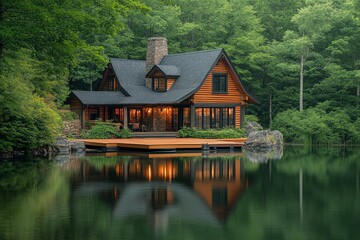Obraz premium A wooden cabin sits on the edge of a lake with a wooden dock extending out into the water. The cabin has a black roof and is surrounded by lush green trees.